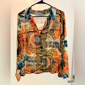 Timing Sheer Baroque Print Blouse - Red, Black, Gold, Blue